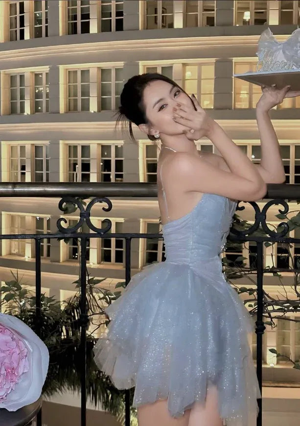Light Blue Spaghetti-Strap Cutout Glitter Tulle Mini Dress
