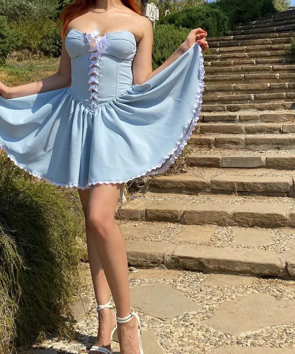 Light Blue Strapless Corset Lace-Up Mini Dress with Lace Trim