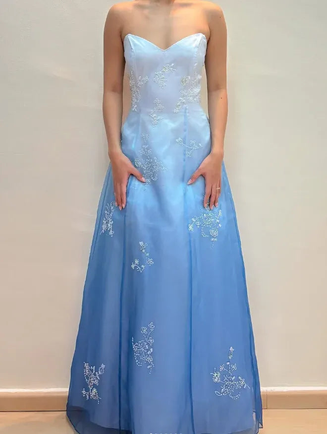 Light Blue Strapless Embroidered Organza A-Line Maxi Gown