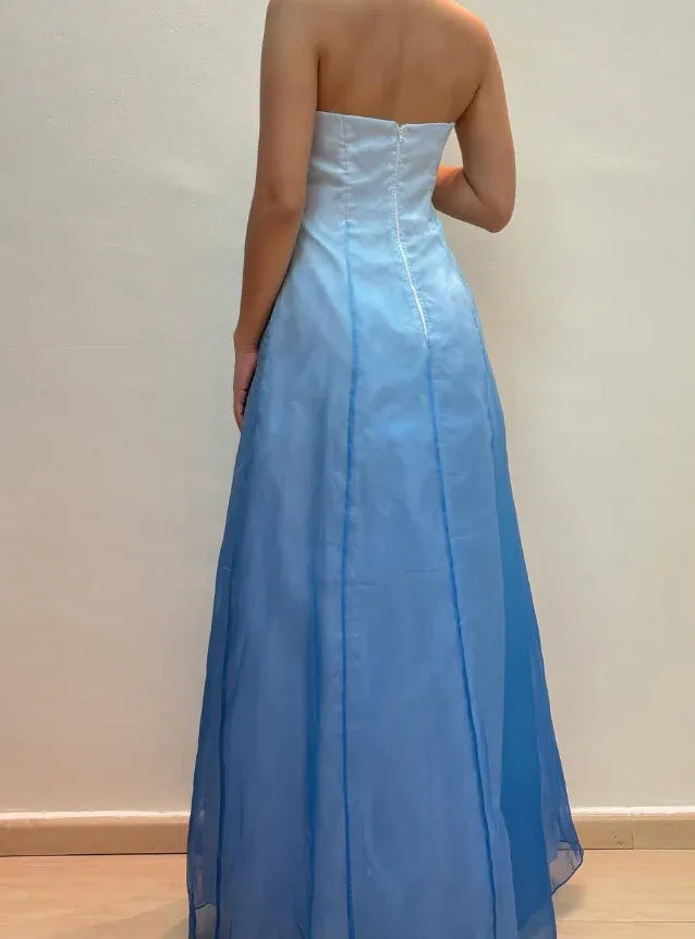 Light Blue Strapless Embroidered Organza A-Line Maxi Gown