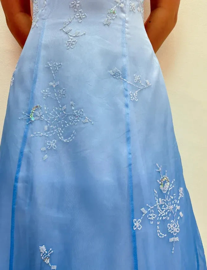 Light Blue Strapless Embroidered Organza A-Line Maxi Gown