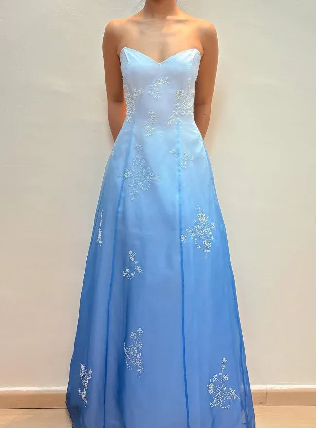 Light Blue Strapless Embroidered Organza A-Line Maxi Gown