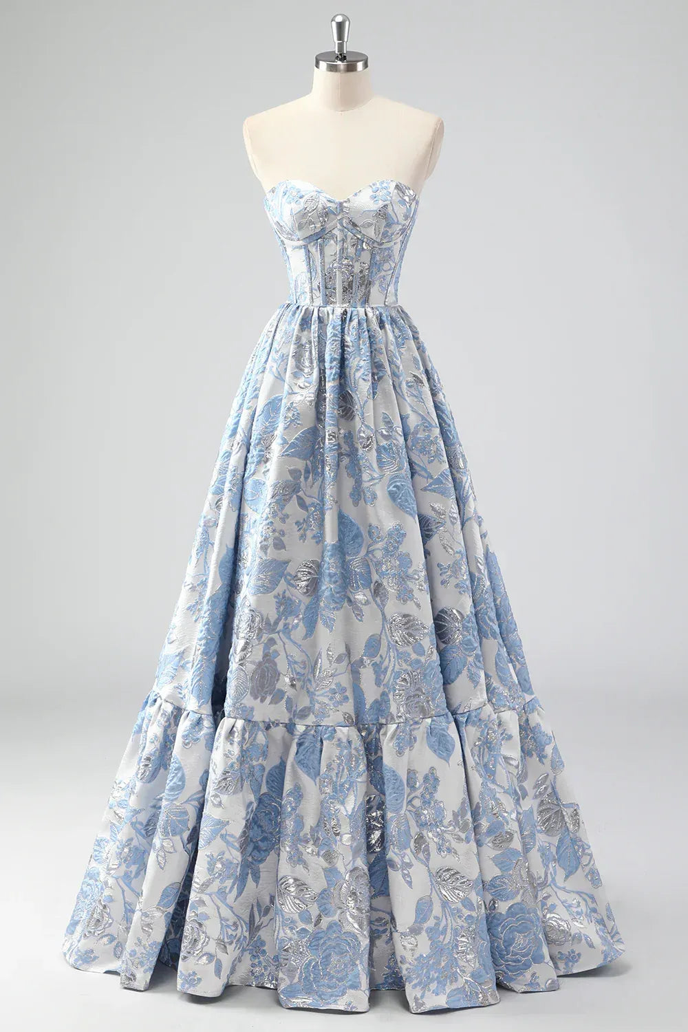 Light Blue Strapless Floral Jacquard Ball Gown with Ruffled Hem