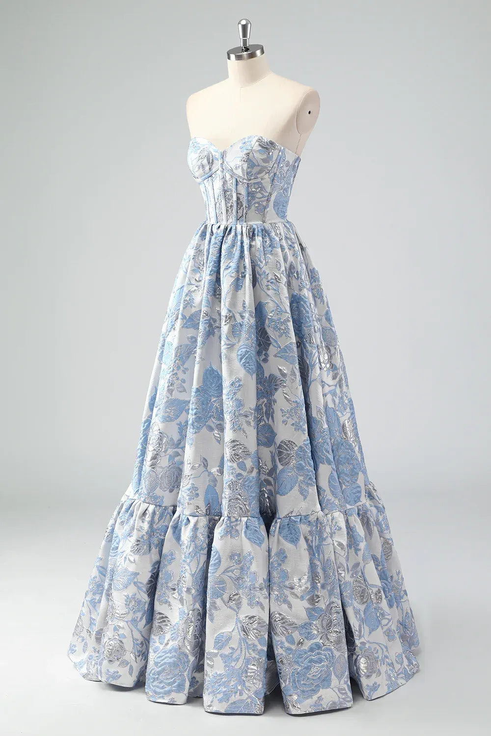 Light Blue Strapless Floral Jacquard Ball Gown with Ruffled Hem