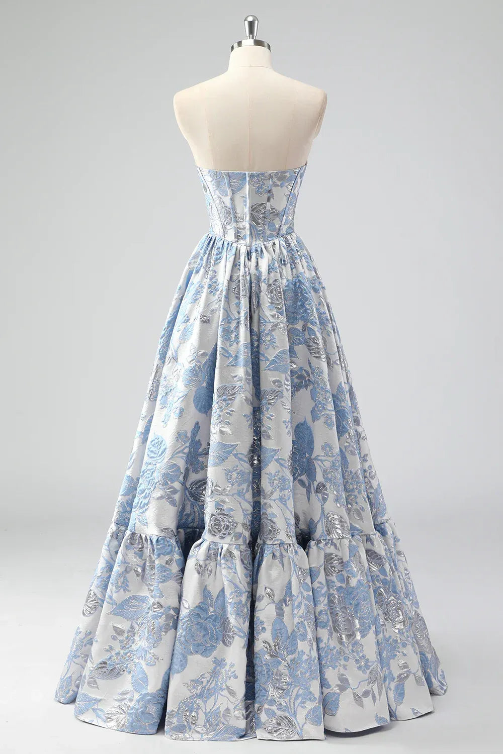Light Blue Strapless Floral Jacquard Ball Gown with Ruffled Hem