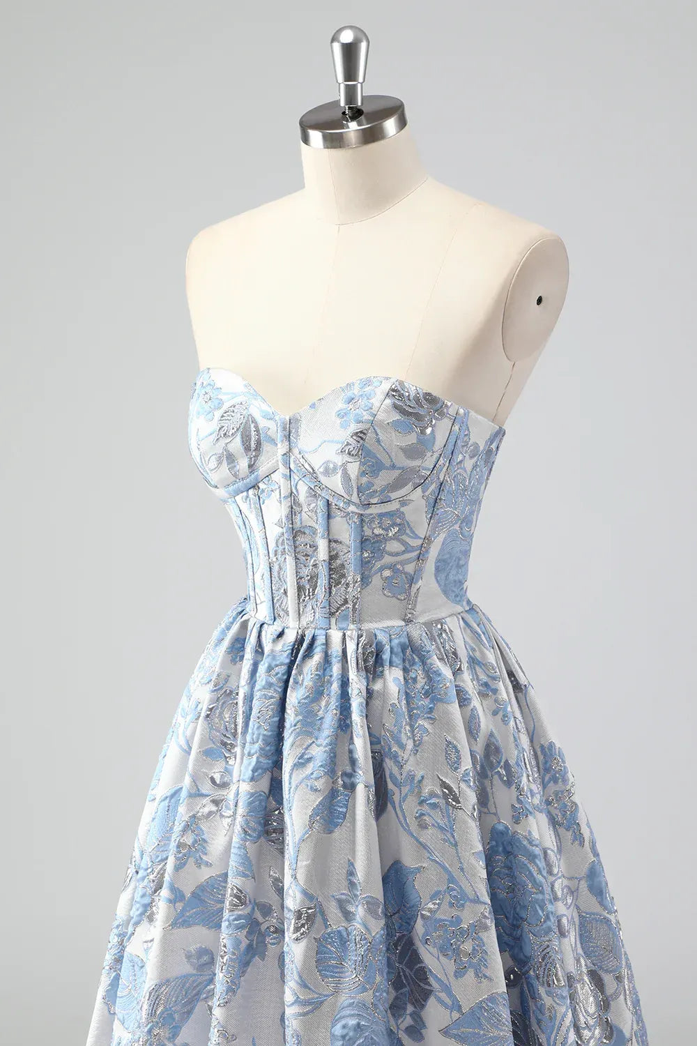 Light Blue Strapless Floral Jacquard Ball Gown with Ruffled Hem