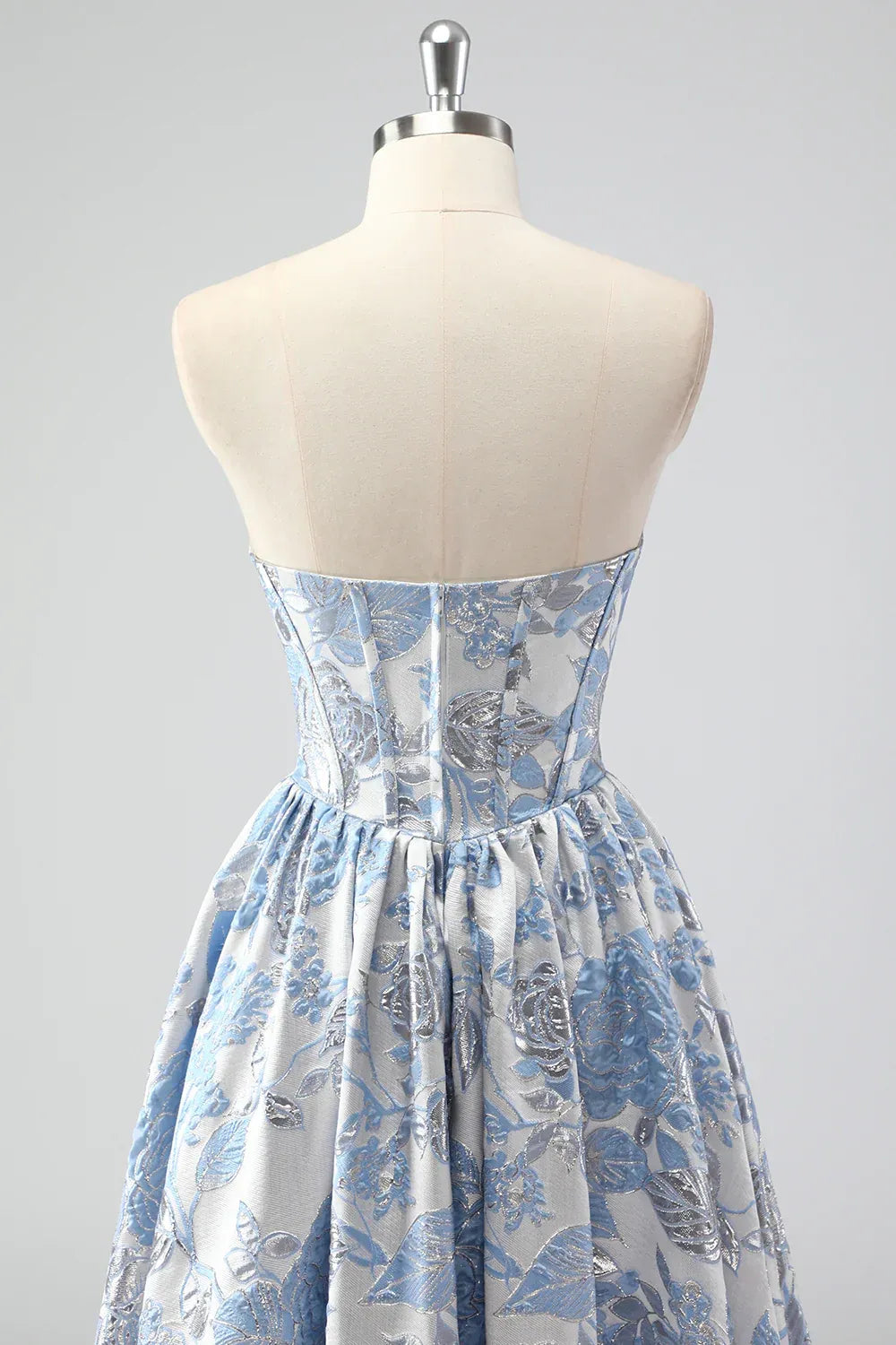 Light Blue Strapless Floral Jacquard Ball Gown with Ruffled Hem
