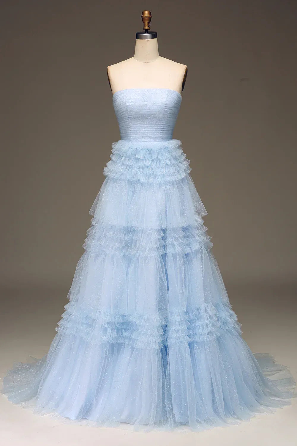 Light Blue Strapless Tiered Ruffle Glitter Tulle Ball Gown