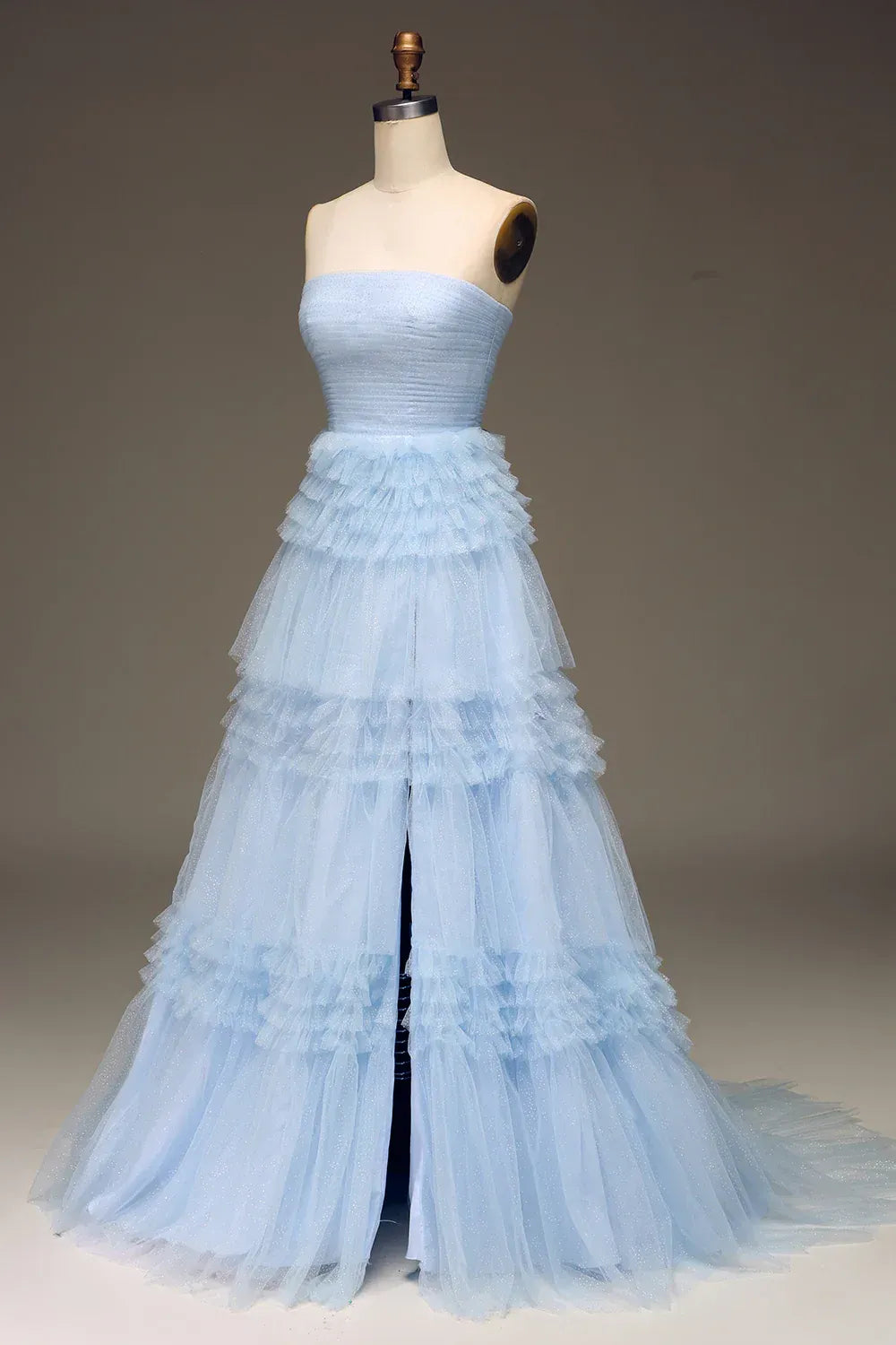 Light Blue Strapless Tiered Ruffle Glitter Tulle Ball Gown