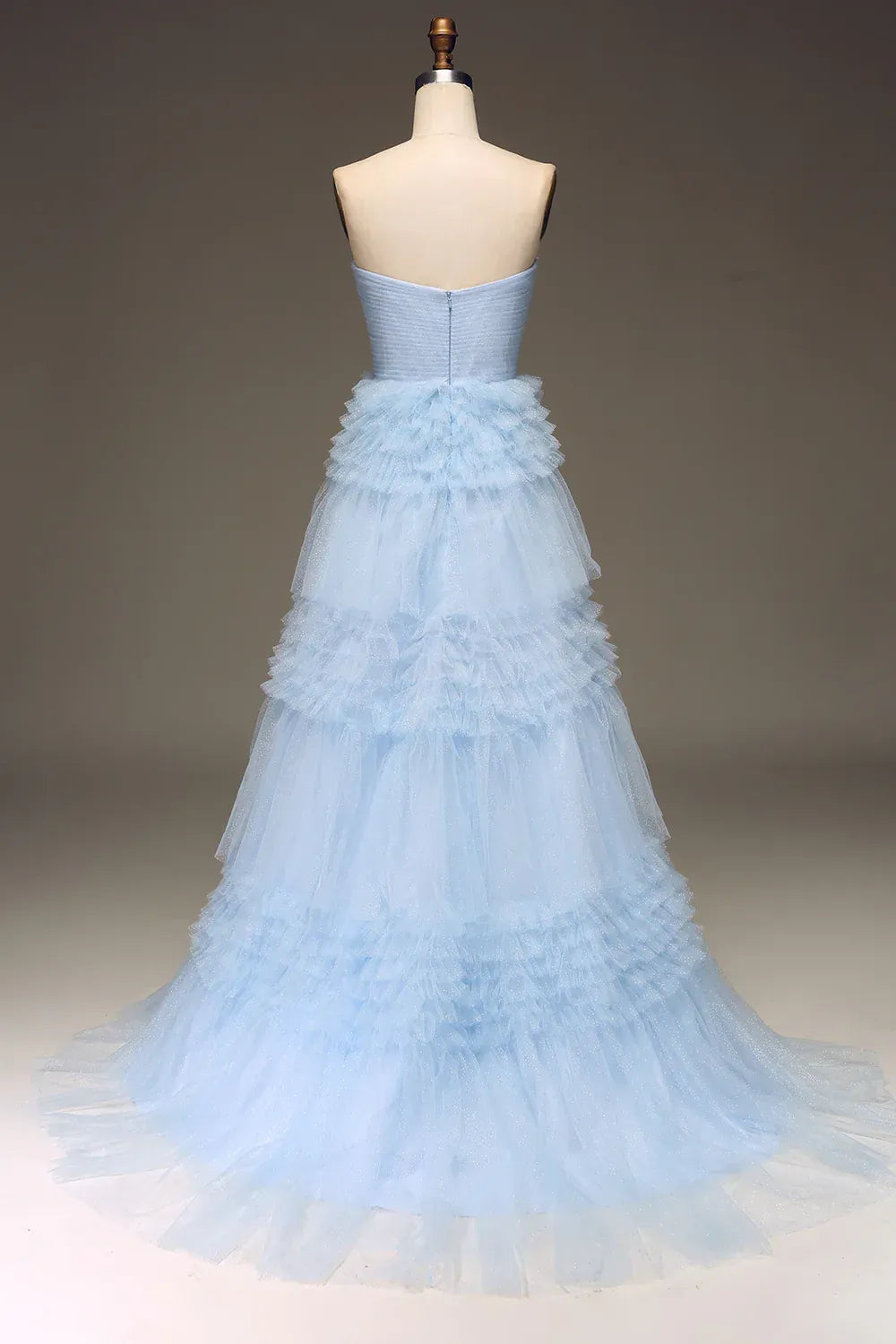 Light Blue Strapless Tiered Ruffle Glitter Tulle Ball Gown
