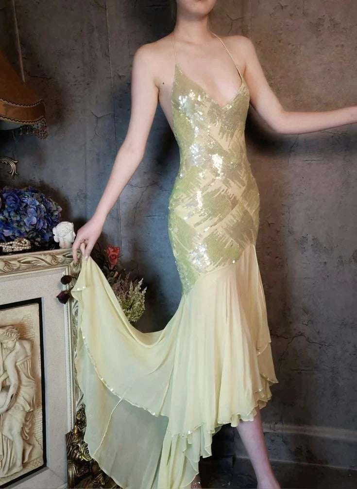 Light Green Sequin Chiffon Halter Mermaid Gown with High Slit