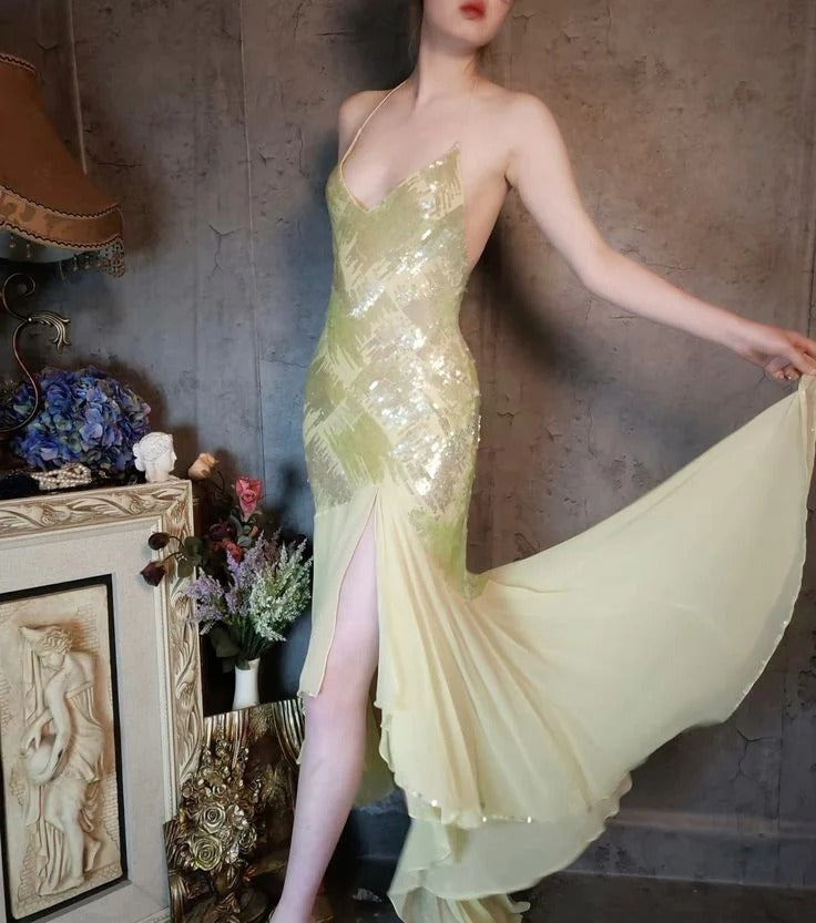 Light Green Sequin Chiffon Halter Mermaid Gown with High Slit