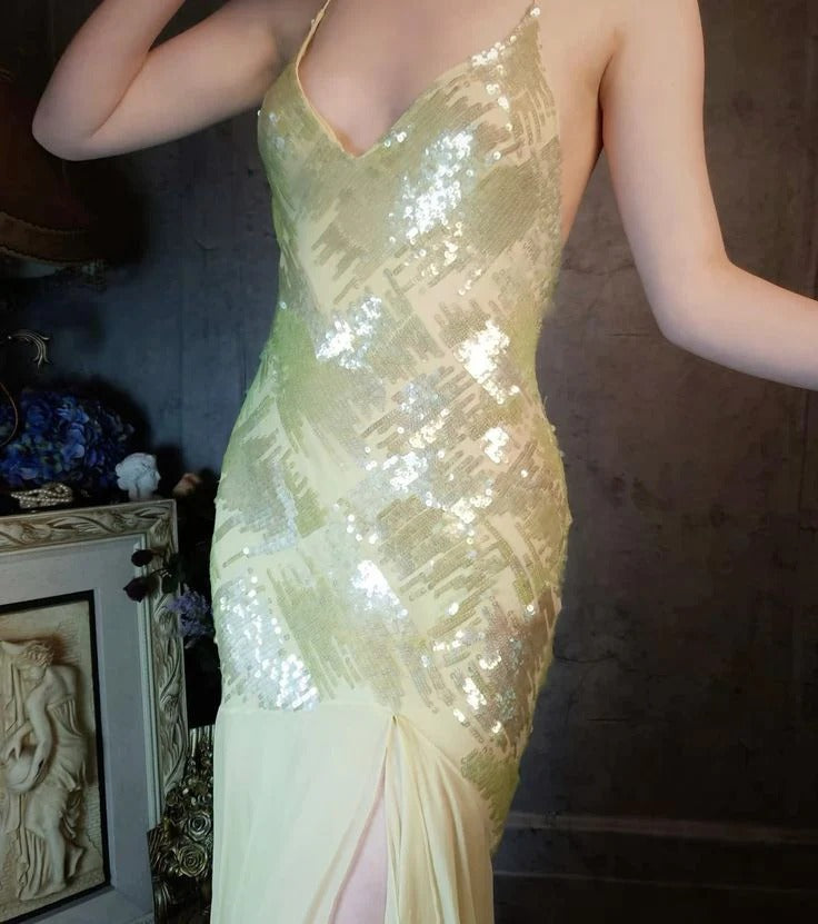 Light Green Sequin Chiffon Halter Mermaid Gown with High Slit