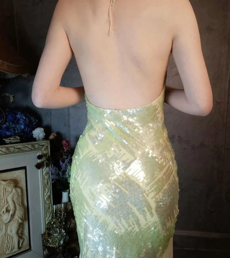 Light Green Sequin Chiffon Halter Mermaid Gown with High Slit