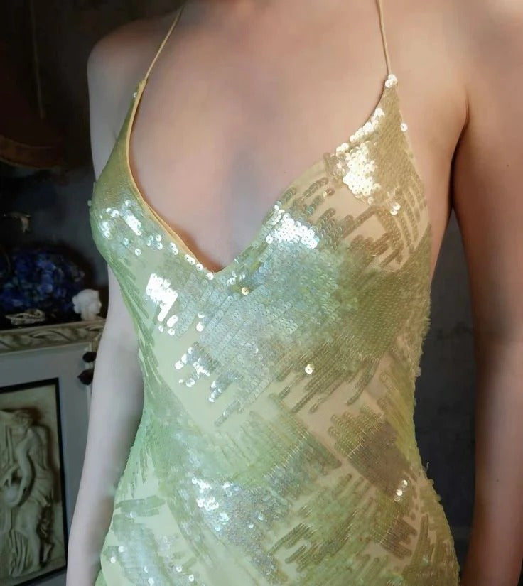 Light Green Sequin Chiffon Halter Mermaid Gown with High Slit