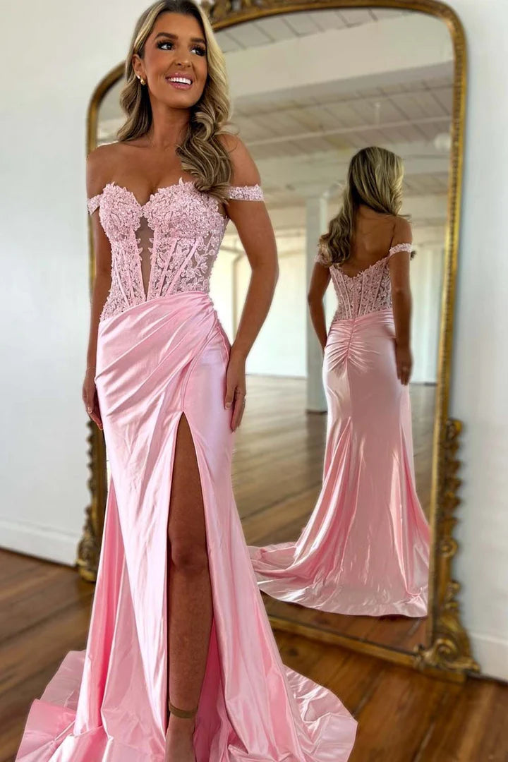 Light Pink Off the Shoulder Prom Dress with Slit