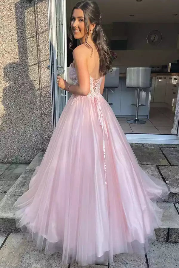 Light pink strapless lace mesh long skirt dress, socialite banquet romantic fairy party dress