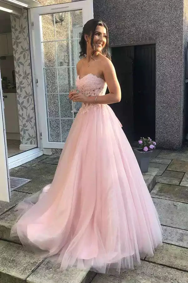 Light pink strapless lace mesh long skirt dress, socialite banquet romantic fairy party dress
