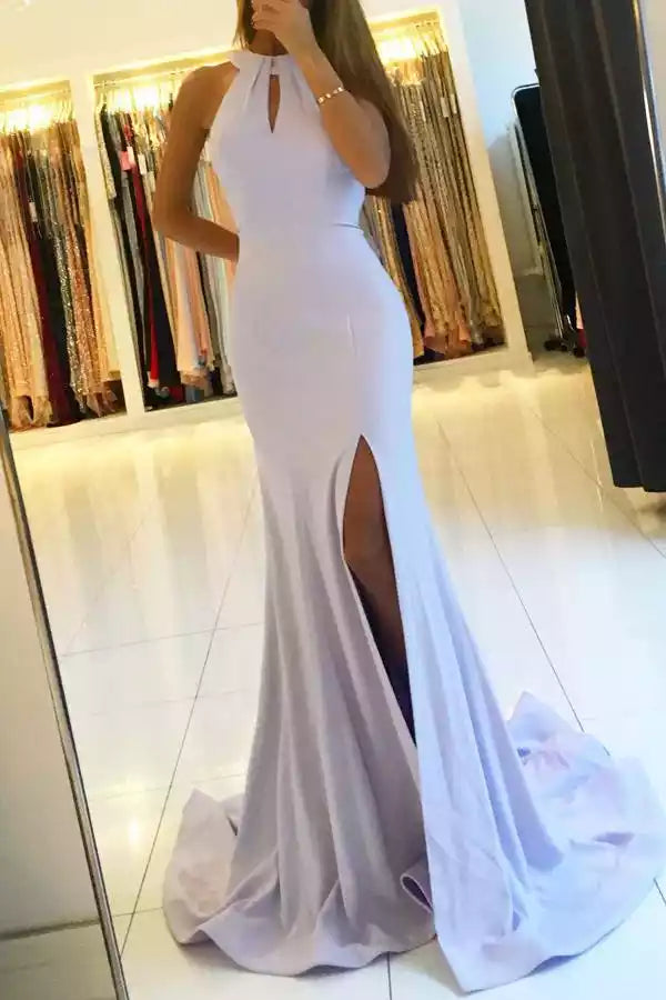 Lilac Halter-Neck Open-Back Mermaid Train Gown – Soft & Elegant Evening Party Dress
