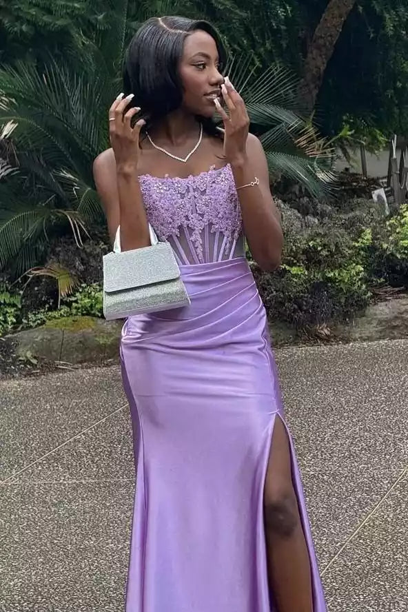 Lilac Satin Lace-Embellished Strapless Mermaid Gown – Romantic & Elegant Evening Party Dress