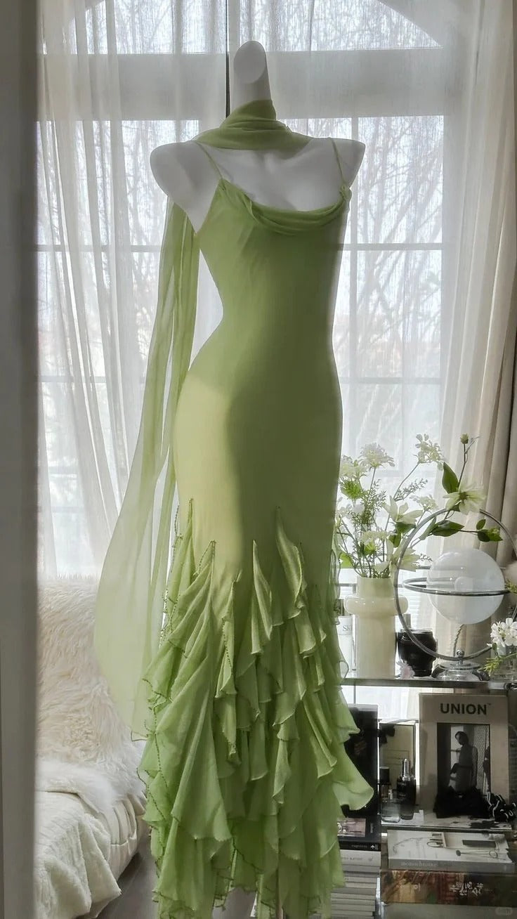 Lime Green Chiffon Ruffled Mermaid Gown with Scarf