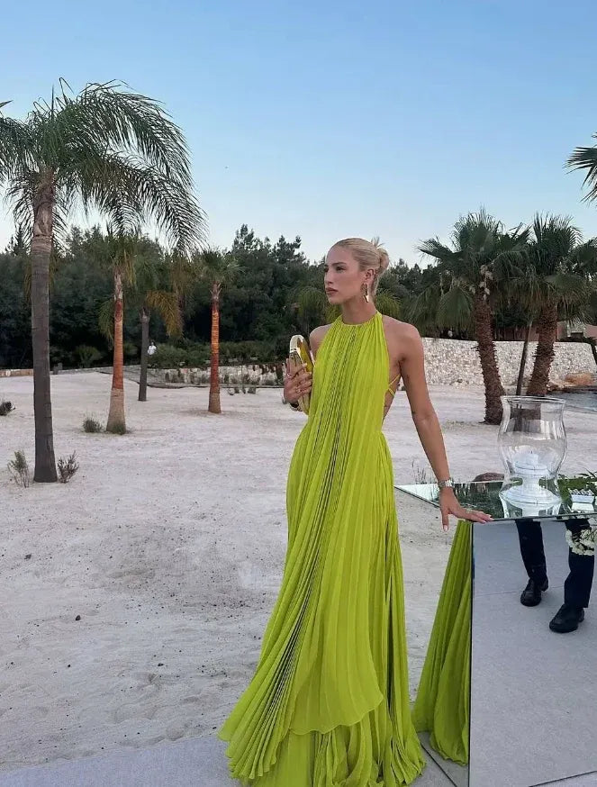 Lime Green Halter Neck Pleated Chiffon Open Back Maxi Gown with Slit
