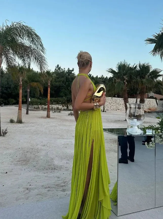 Lime Green Halter Neck Pleated Chiffon Open Back Maxi Gown with Slit