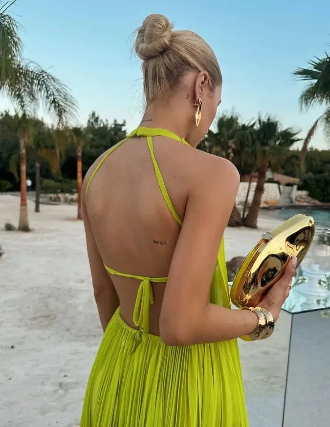 Lime Green Halter Neck Pleated Chiffon Open Back Maxi Gown with Slit