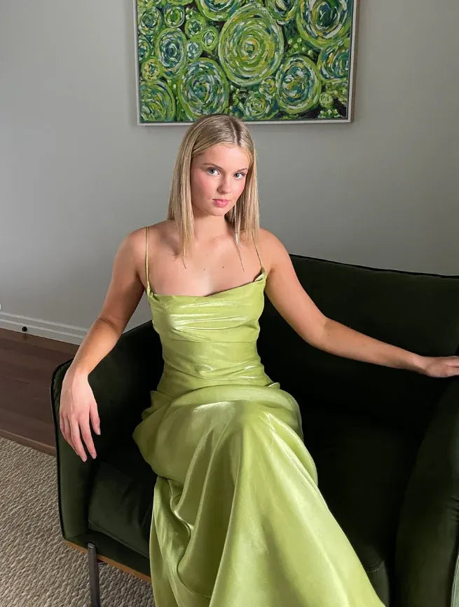 Lime Green Satin Cowl Neck Backless Maxi Dress – Spaghetti Strap Formal Evening Gown