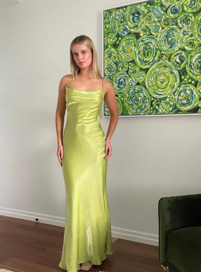 Lime Green Satin Cowl Neck Backless Maxi Dress – Spaghetti Strap Formal Evening Gown