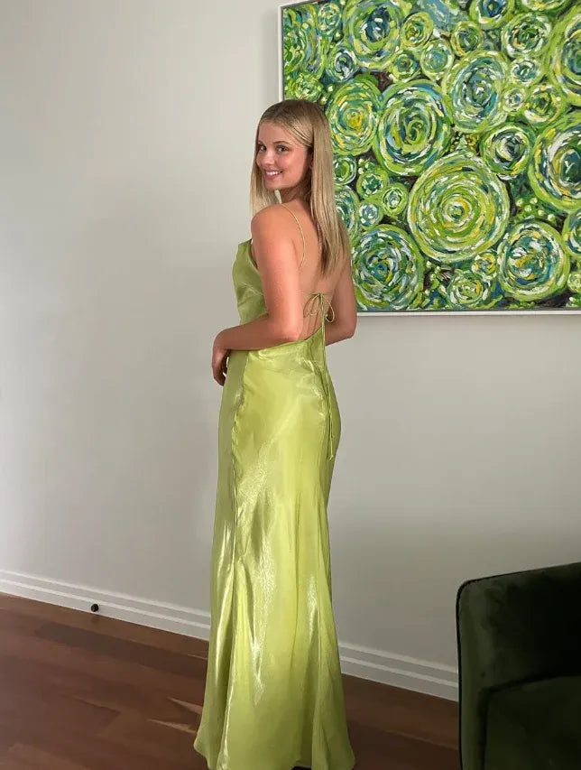 Lime Green Satin Cowl Neck Backless Maxi Dress – Spaghetti Strap Formal Evening Gown