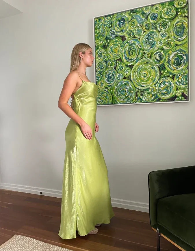 Lime Green Satin Cowl Neck Backless Maxi Dress – Spaghetti Strap Formal Evening Gown