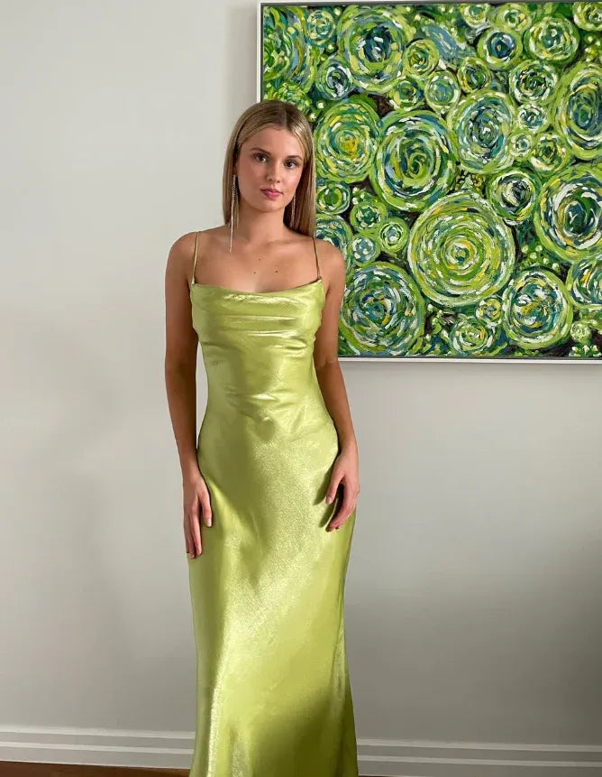 Lime Green Satin Cowl Neck Backless Maxi Dress – Spaghetti Strap Formal Evening Gown