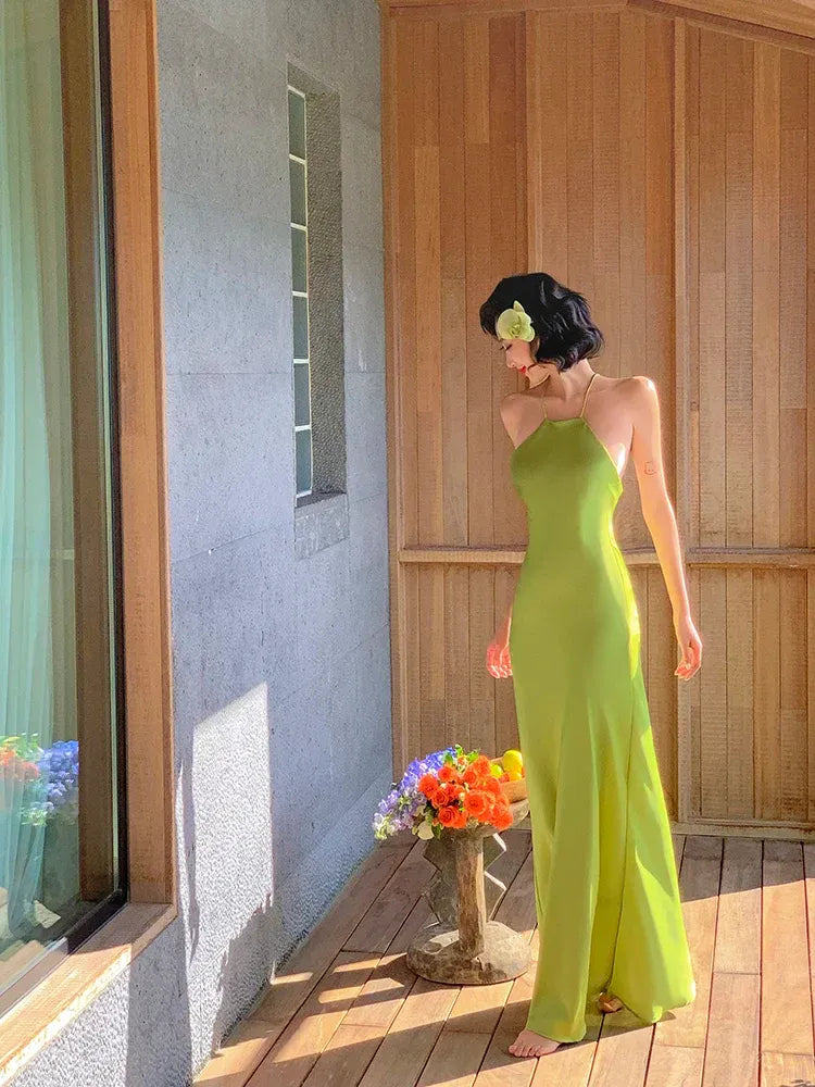 Lime Green Satin Halter Maxi Dress – Backless Cowl Neck Mermaid Dress with Thin Straps