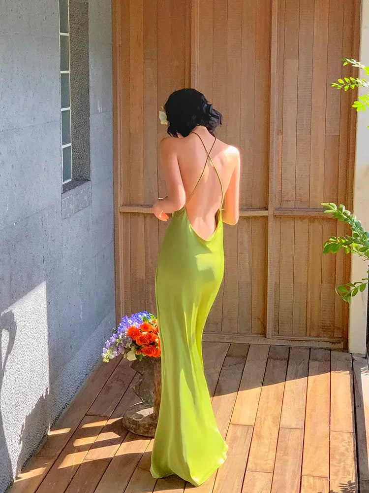 Lime Green Satin Halter Maxi Dress – Backless Cowl Neck Mermaid Dress with Thin Straps