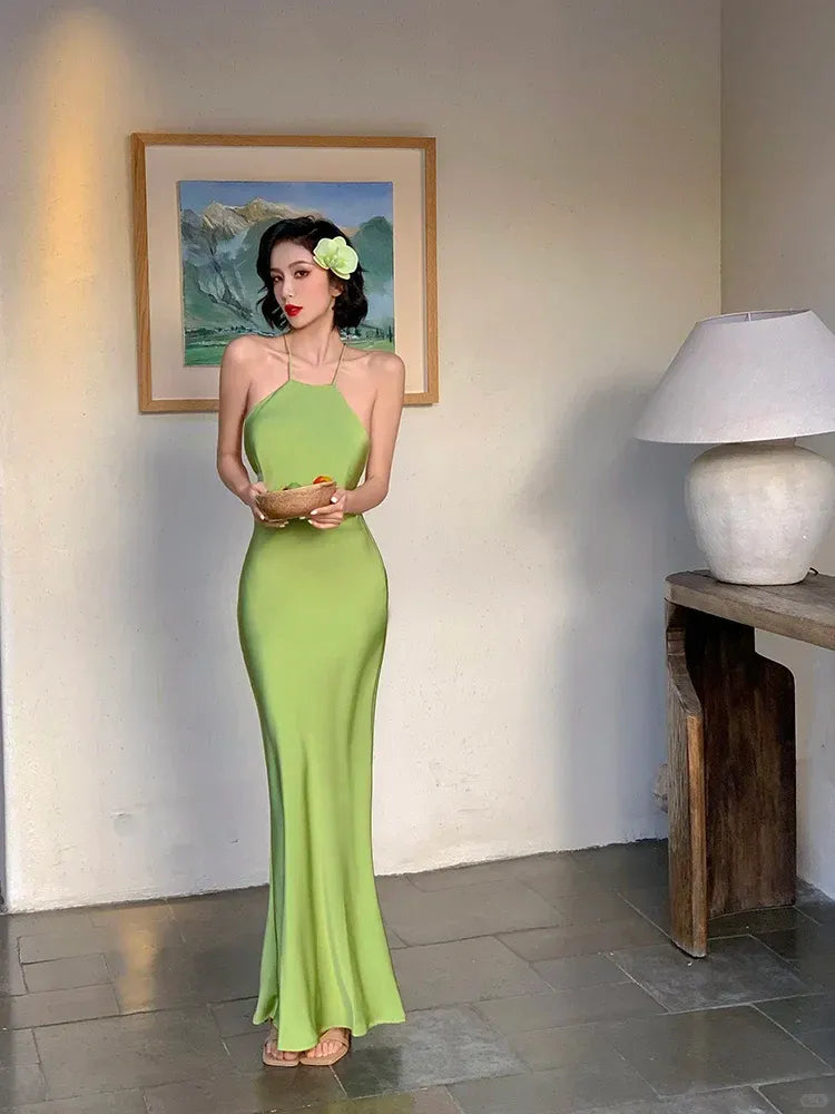 Lime Green Satin Halter Maxi Dress – Backless Cowl Neck Mermaid Dress with Thin Straps