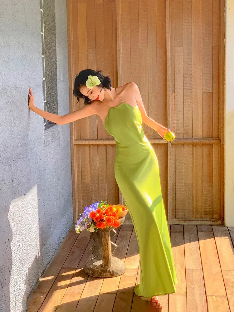 Lime Green Satin Halter Maxi Dress – Backless Cowl Neck Mermaid Dress with Thin Straps
