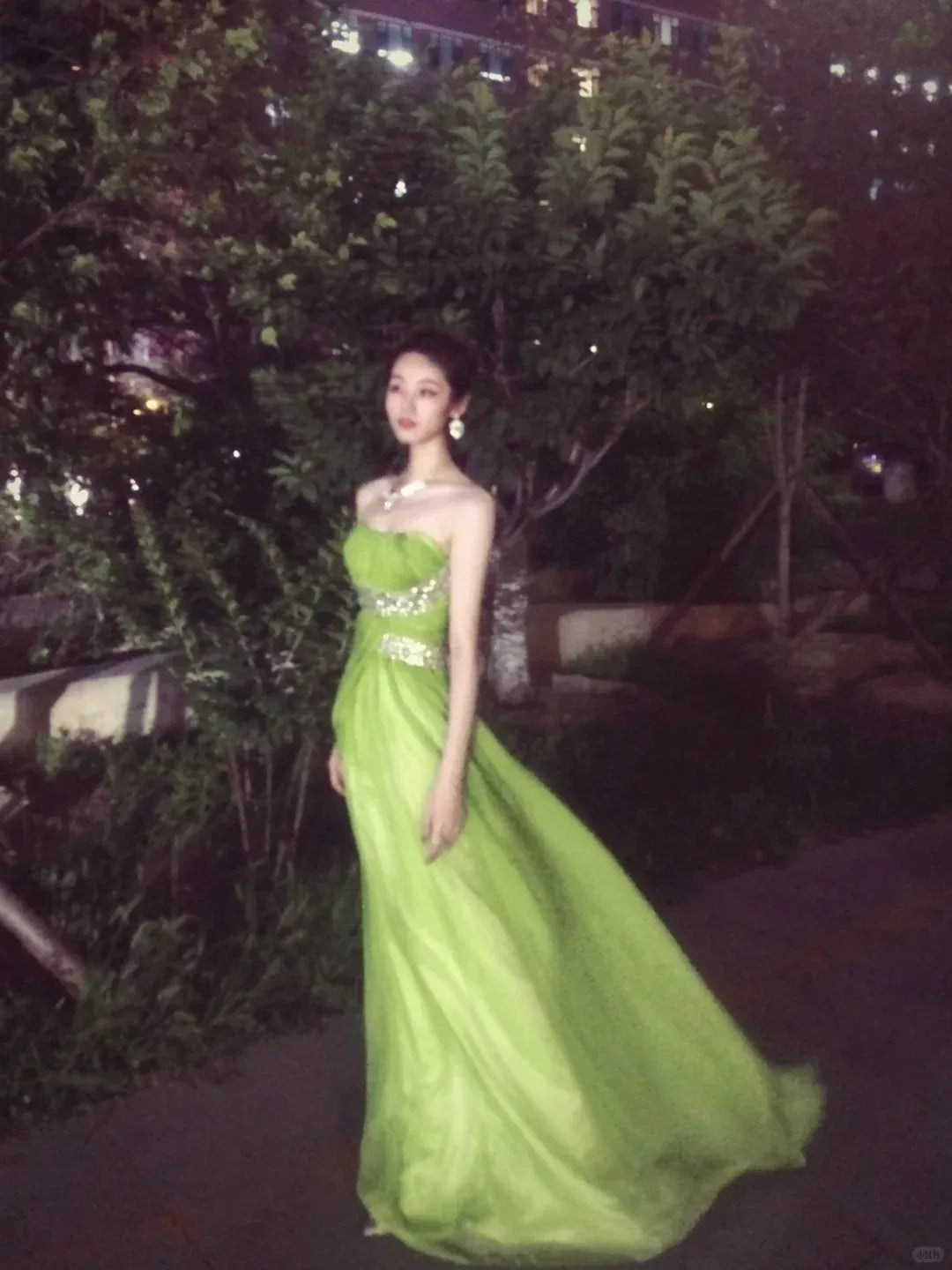 Lime Green Strapless Crystal Embellished Tulle Ball Gown