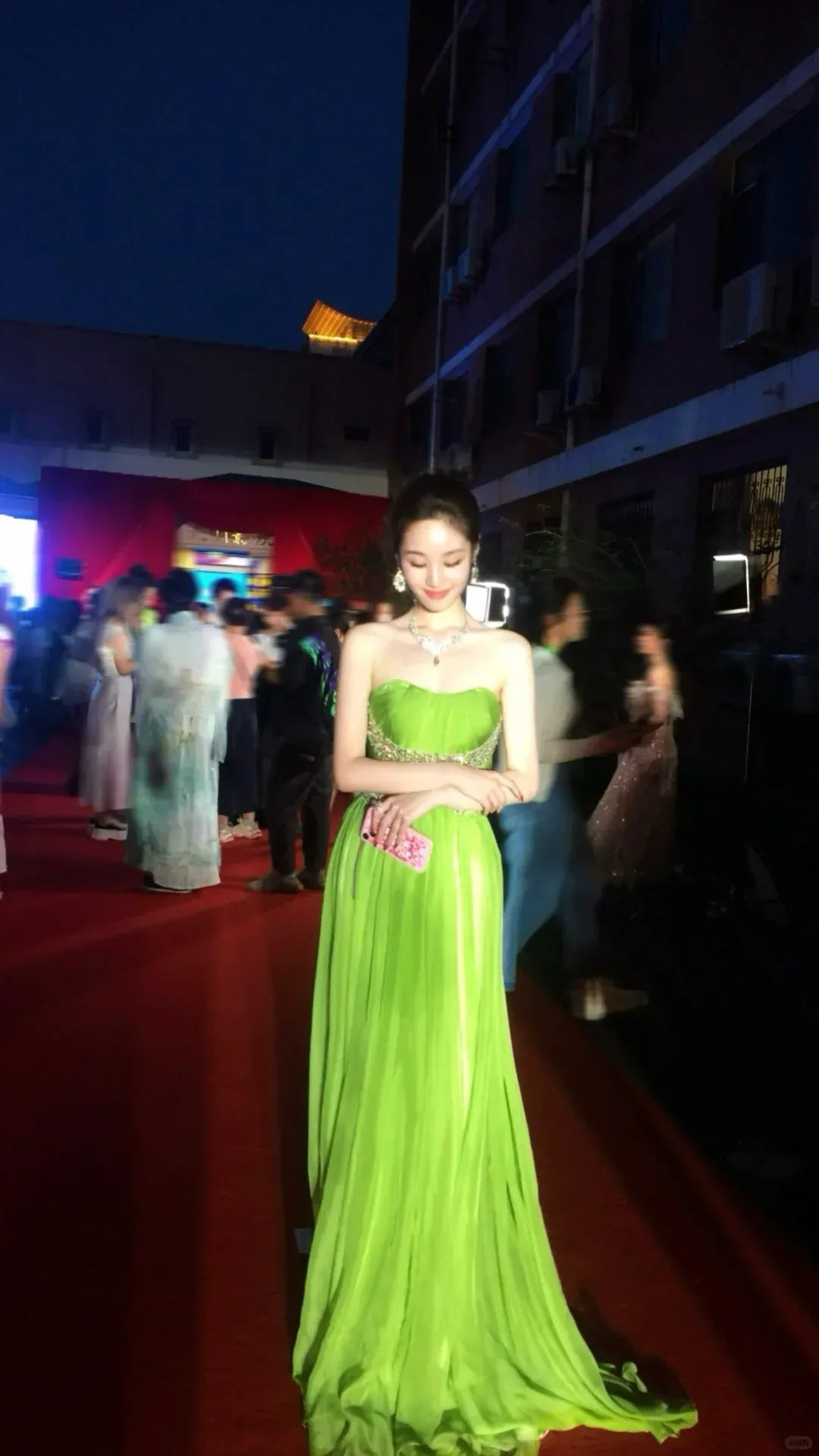 Lime Green Strapless Crystal Embellished Tulle Ball Gown
