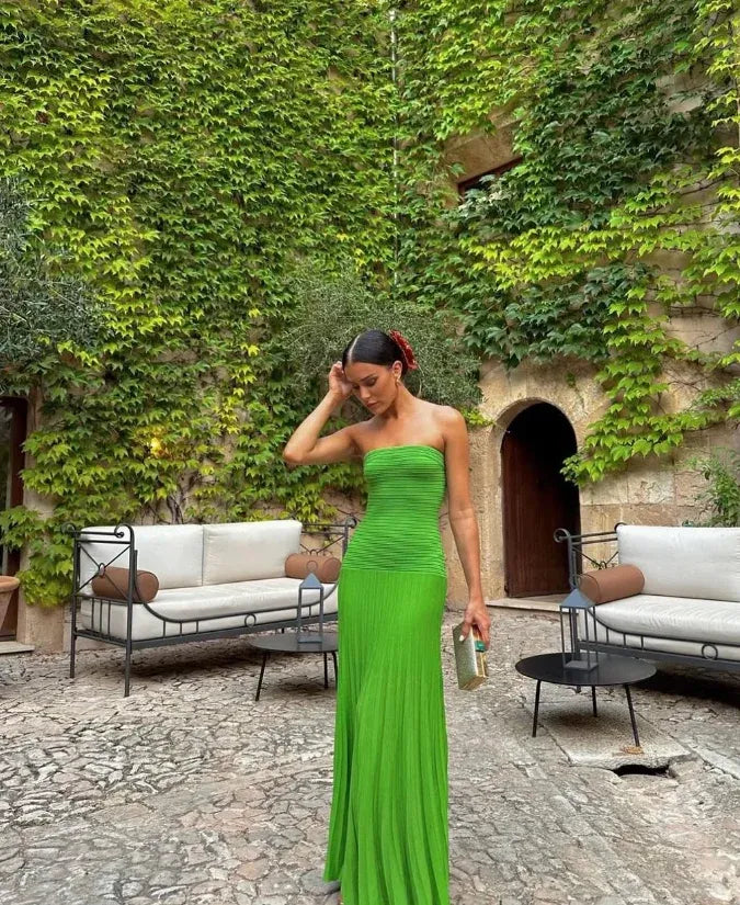 Lime Green Strapless Plisse Form-Fitting Maxi Gown