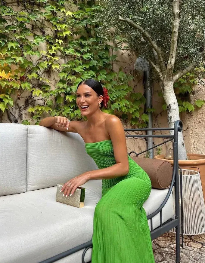 Lime Green Strapless Plisse Form-Fitting Maxi Gown
