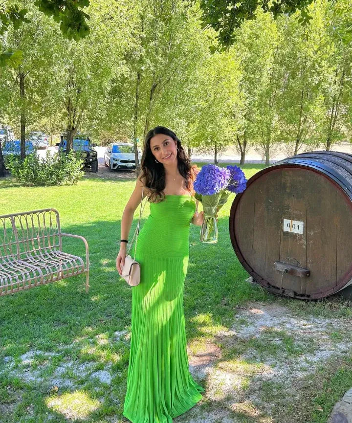 Lime Green Strapless Plisse Form-Fitting Maxi Gown
