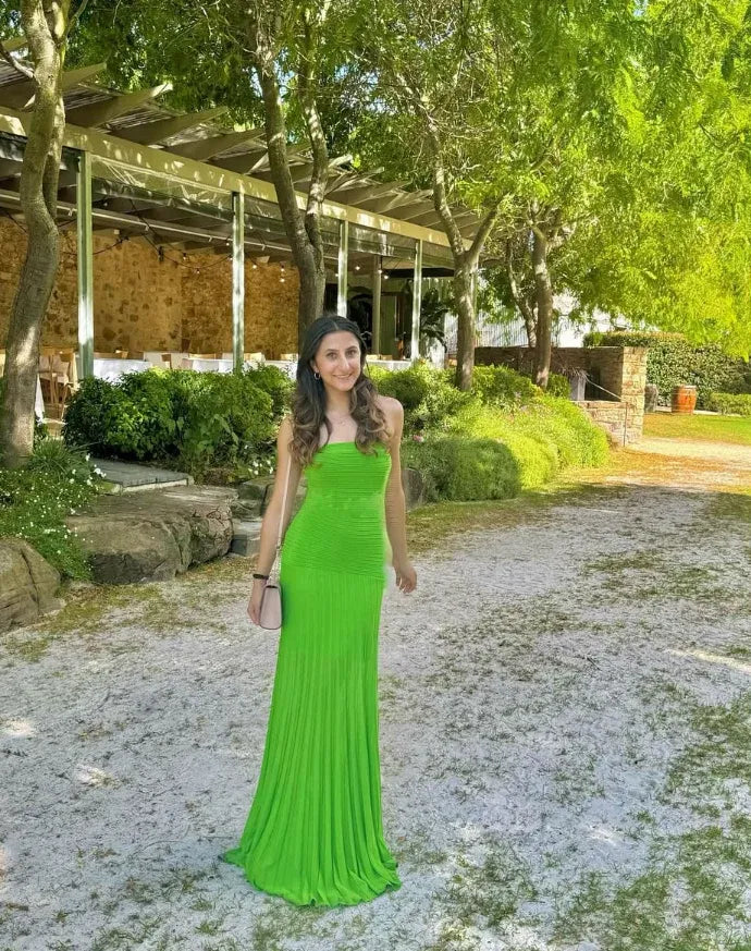 Lime Green Strapless Plisse Form-Fitting Maxi Gown