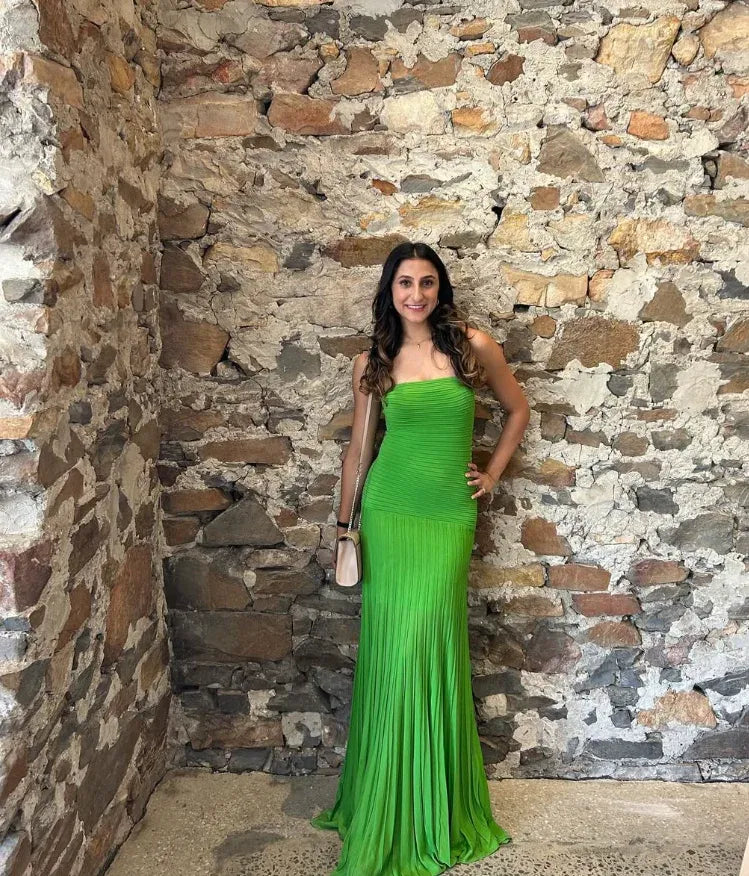 Lime Green Strapless Plisse Form-Fitting Maxi Gown