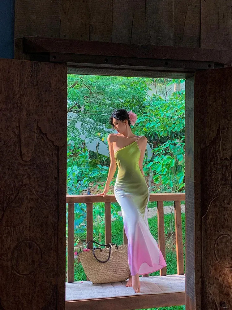 Lime to Blush Gradient One-Shoulder Maxi Dress