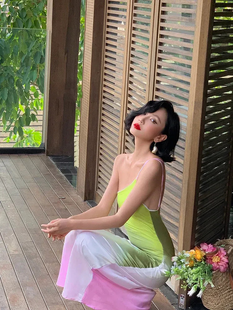 Lime to Blush Gradient One-Shoulder Maxi Dress