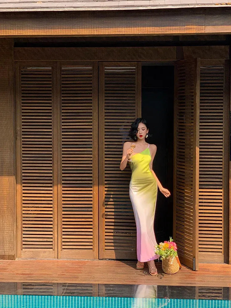 Lime to Blush Gradient One-Shoulder Maxi Dress