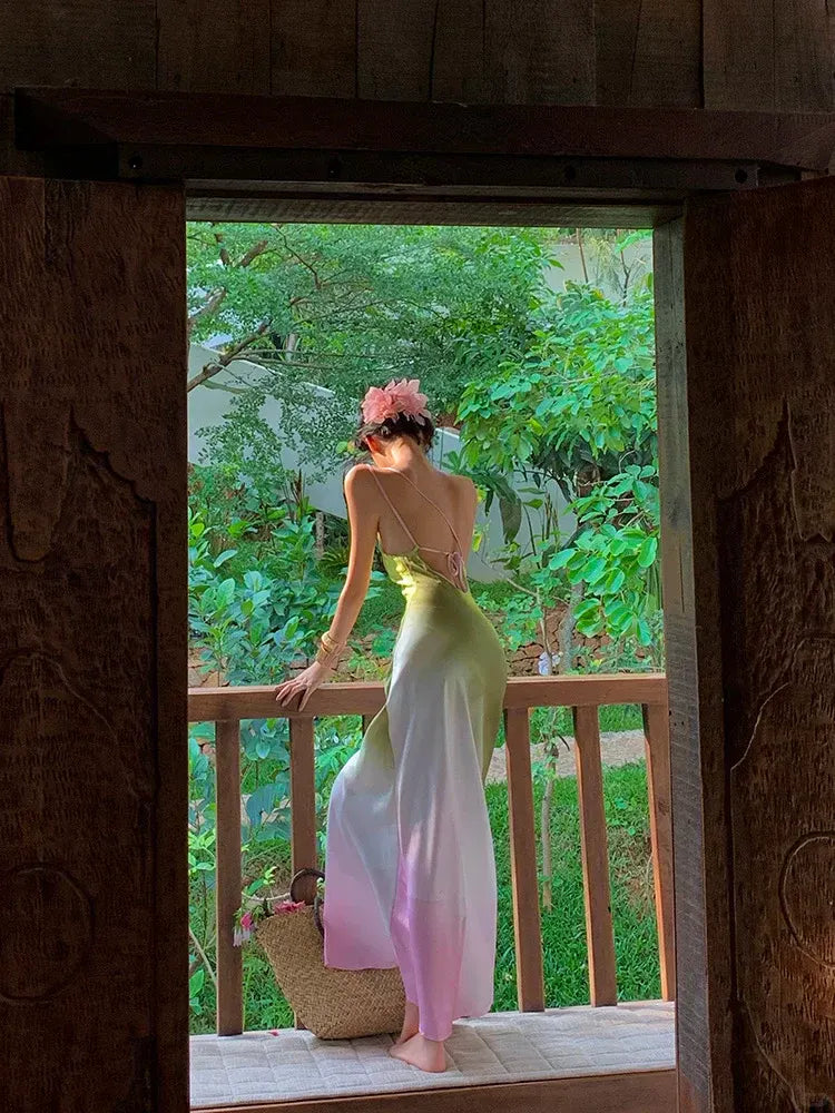 Lime to Blush Gradient One-Shoulder Maxi Dress