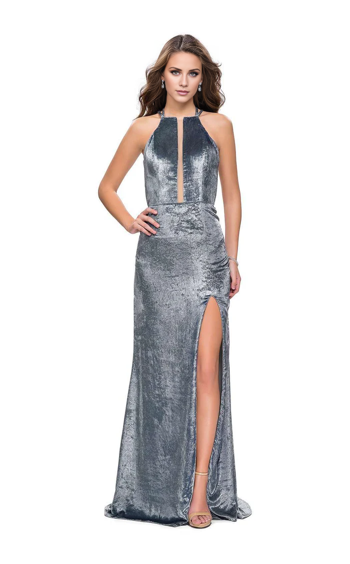Liquid halter-style evening gown with split Evening Dresses