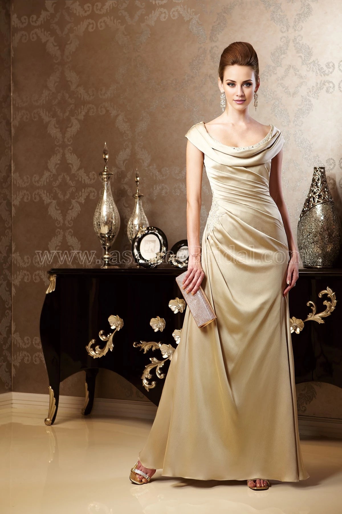 Long Portrait Neckline Satin Face Chiffon  Dress Mother of the Bride Dresses